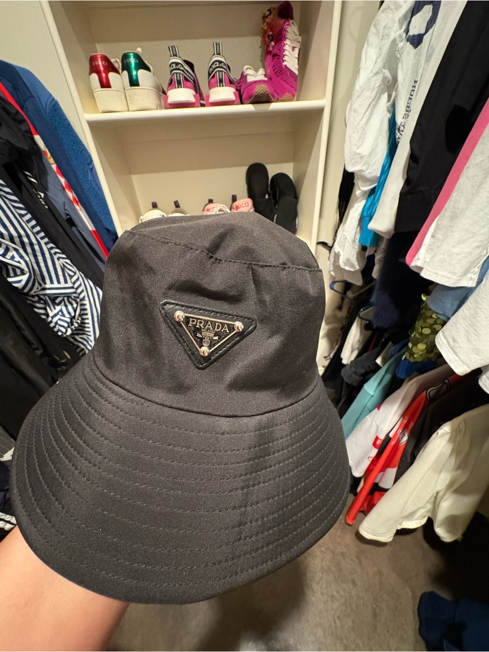 Prada Black Nylon Bucket Hat with Triangular Logo